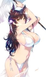 Rule 34 | 1girl, animal ears, arms up, artist name, atago (azur lane), atago (summer march) (azur lane), azur lane, bare arms, bare shoulders, bikini, blush, breasts, brown hair, cleavage, commentary request, cowboy shot, flower, hair flower, hair ornament, holding, holding umbrella, large breasts, long hair, looking at viewer, min-naraken, mole, mole under eye, navel, orange eyes, ribbon, sarong, side-tie bikini bottom, simple background, solo, standing, stomach, swimsuit, tareme, umbrella, white background, white bikini, white ribbon