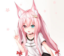 Rule 34 | 1girl, animal ear fluff, animal ears, aqua eyes, black choker, black skirt, blush, bow, breasts, choker, collarbone, fang, floral background, fox ears, gradient background, grey background, hair between eyes, hair bow, hair ornament, hand up, heterochromia, high ponytail, highres, long hair, nagato-chan, open mouth, original, pink hair, ponytail, red bow, red eyes, shirt, short sleeves, skirt, small breasts, solo, v, very long hair, white background, white shirt