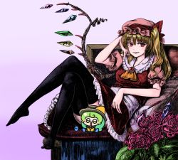 Rule 34 | ascot, black legwear, blonde hair, bow, brooch, censored, chibi, commentary, crossed legs, crystal, dress, english commentary, fang, flandre scarlet, flower, frilled dress, frilled hat, frilled shirt collar, frills, hat, highres, jewelry, komeiji koishi, medium hair, mob cap, novelty censor, numenoko, pink headwear, puffy sleeves, side ponytail, slouching, thighhighs, touhou, vampire, white bow, wings, yellow ascot
