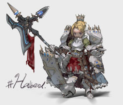 Rule 34 | 1girl, armor, chibi, crown, english text, faulds, full body, greaves, grey background, highres, original, parted bangs, pauldrons, polearm, shield, shoulder armor, simple background, sketch, solo, standing, urorong, weapon, white background