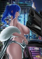 Rule 34 | 1girl, ass, azur lane, backless dress, backless outfit, bag, bare shoulders, blue hair, blush, breasts, car, cityscape, covered erect nipples, dress, feather boa, from side, halter dress, halterneck, handbag, holding, holding bag, hyo18, jewelry, large breasts, long hair, looking at viewer, motor vehicle, necklace, pink eyes, plunging neckline, ponytail, revealing clothes, sideboob, sidelocks, silver dress, st. louis (azur lane), st. louis (luxurious wheels) (azur lane)