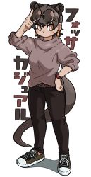 Rule 34 | &gt;:(, 1girl, absurdres, adjusting eyewear, alternate costume, animal ear fluff, animal ears, appleq, arm up, belt, black hair, brown eyes, casual, closed mouth, contemporary, earrings, extra ears, eyewear on head, fossa (kemono friends), fossa ears, fossa tail, full body, glasses, hand on eyewear, hand on own hip, highres, jewelry, kemono friends, looking at viewer, pants, rimless eyewear, round eyewear, shoes, short hair, simple background, slit pupils, sneakers, solo, standing, sweater, tail, v-shaped eyebrows, watch, white background, wristwatch