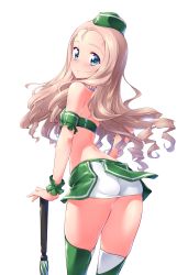 Rule 34 | 1girl, absurdres, alternate costume, arched back, armband, ass, back, blonde hair, blush, boots, closed mouth, commentary, cowboy shot, crop top, drill hair, frilled armband, frilled wrist cuffs, frills, from side, garrison cap, girls und panzer, green eyes, green footwear, green hat, green shirt, green skirt, hand on own hip, hat, highres, holding, holding umbrella, kuzuryuu kennosuke, leaning forward, long hair, looking at viewer, looking back, marie (girls und panzer), microskirt, race queen, shirt, simple background, skirt, smile, solo, standing, thigh boots, thighhighs, thighs, umbrella, white background, wrist cuffs