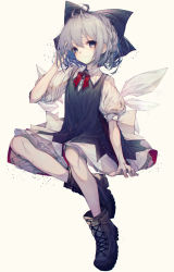 Rule 34 | 1girl, absurdres, alternate footwear, ankle boots, bare legs, blue bow, blue dress, blue eyes, boots, bow, brown footwear, cirno, collared shirt, combat boots, cross-laced footwear, dress, expressionless, frilled dress, frills, hand on own head, highres, hito komoru, huge filesize, ice, ice wings, invisible chair, juliet sleeves, lace-up boots, long sleeves, looking at viewer, multicolored clothes, multicolored dress, puffy short sleeves, puffy sleeves, red neckwear, shirt, short hair, short sleeves, sitting, solo, touhou, white background, white hair, wings