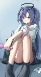 Rule 34 | 1girl, absurdres, bare legs, black skirt, blue archive, blush, breasts, dotthebot, electric fan, halo, hand fan, highres, holding, holding fan, id card, knees up, large breasts, legs, long hair, purple eyes, purple hair, shirt, sitting, skirt, sleeves pushed up, solo, sweatdrop, thighs, twintails, very long hair, white shirt, yuuka (blue archive)