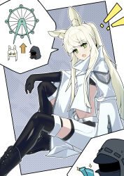 Rule 34 | !, !!, 1girl, 1other, :o, absurdres, animal ears, arknights, arrow (symbol), belt, black footwear, black gloves, black hood, black thighhighs, boots, border, bright pupils, chinese commentary, commentary request, cross-laced footwear, doctor (arknights), elbow gloves, eyes visible through hair, ferris wheel, gloves, green eyes, grey hair, groin, halftone, halftone background, high collar, highres, hood, hood up, horse ears, horse girl, lace-up boots, long hair, looking at viewer, luv sheep, open mouth, outline, platinum (arknights), ribbon-trimmed hood, ribbon trim, shorts, sidelocks, sparkle, speech bubble, thighhighs, unzipped, white belt, white border, white outline, white pupils, white shorts, wide sleeves, zipper, zipper pull tab