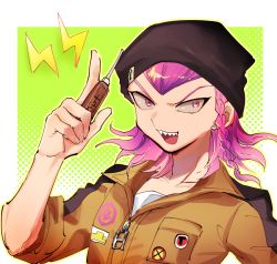 Rule 34 | 1boy, bad id, bad twitter id, black hat, braid, clip, collarbone, commentary request, danganronpa (series), danganronpa 2: goodbye despair, halftone, halftone background, hand up, hat, index finger raised, jumpsuit, looking at viewer, male focus, medium hair, open mouth, outside border, pink eyes, pink hair, portrait, screwdriver, sharp teeth, short hair, sk816, smile, soda kazuichi, solo, teeth, white background, yellow background