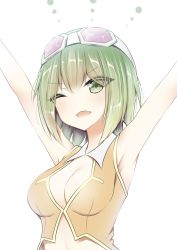 Rule 34 | 1girl, ;d, armpits, arms up, bad id, bad pixiv id, breasts, cleavage, crop top, giryu, goggles, goggles on head, green eyes, green hair, gumi, medium breasts, midriff, one eye closed, open mouth, short hair, smile, solo, stomach, upper body, vocaloid, white background