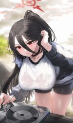 Rule 34 | 1girl, black choker, black hair, black shorts, blue archive, blush, breasts, choker, clothes writing, collarbone, gijang, gym shirt, gym uniform, hair between eyes, halo, hasumi (blue archive), hasumi (track) (blue archive), highres, jacket, large breasts, long hair, long sleeves, mole, mole under eye, official alternate costume, parted lips, ponytail, red eyes, red halo, shirt, shorts, solo, thighs, track jacket, water, wet, wet clothes, white shirt