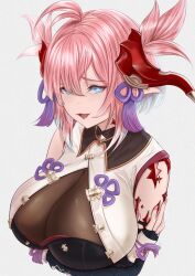 Rule 34 | 1girl, absurdres, ahoge, arms under breasts, blue eyes, breasts, chichiri (granblue fantasy), cleavage, draph, fujiyama samu, gradient hair, granblue fantasy, hair ornament, highres, horns, large breasts, looking at viewer, multicolored hair, open mouth, pink hair, pointy ears, sleeveless, smile, solo, tassel, tassel hair ornament, upper body