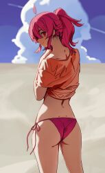 Rule 34 | 1girl, absurdres, ass, bikini, bikini bottom only, blue sky, blurry, blurry background, closed mouth, cloud, cloudy sky, commentary, from behind, highres, idolmaster, idolmaster shiny colors, komiya kaho, looking at viewer, looking back, nape, olys, orange shirt, outdoors, pink bikini, red eyes, red hair, shirt, short sleeves, side-tie bikini bottom, sky, smile, solo, swimsuit, thighs, twintails