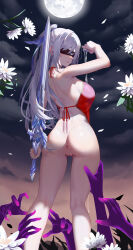 Rule 34 | 1girl, anus, aoi (buzhuen444), ass, black blindfold, blindfold, bottomless, breasts, censored, dress, from behind, full moon, grey hair, hair between eyes, heart, heart censor, high ponytail, honkai: star rail, honkai (series), jingliu (honkai: star rail), long hair, looking at viewer, medium breasts, moon, nipples, red dress, reverse grip, solo, sword, sword behind back, weapon