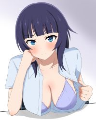 Rule 34 | 1girl, artist name, artist request, asaka karin, blue eyes, blue hair, blue shirt, blunt bangs, blush, bra, breasts, cleavage, closed mouth, clothes pull, collarbone, collared shirt, dark blue hair, elbow rest, female focus, flashing, frilled bra, frills, gradient background, grey background, hand on own face, head rest, highres, large breasts, looking at viewer, love live!, love live! nijigasaki high school idol club, medium breasts, mole, mole on collarbone, multiple moles, open clothes, open shirt, purple bra, shirt, shirt pull, short hair, short sleeves, smile, solo, underwear, upper body, white background
