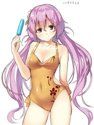 Rule 34 | 1girl, alternate costume, arm at side, bare arms, bare legs, bare shoulders, blush, breasts, collarbone, contrapposto, covered navel, floral print, flower, food, gluteal fold, hair between eyes, hair flower, hair ornament, kasa jizou, light purple hair, long hair, looking at viewer, one-piece swimsuit, popsicle, purple eyes, smile, solo, standing, swimsuit, thighs, touhou, tsukumo benben, twintails, very long hair, yellow one-piece swimsuit