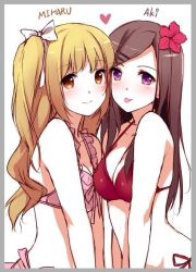 Rule 34 | 2girls, :p, aki (caidychen), bikini, blonde hair, blunt bangs, blush, breasts, brown hair, caidychen, cleavage, collarbone, flower, frilled swimsuit, frills, hair flower, hair ornament, hair ribbon, hairclip, heart, long hair, medium breasts, miharu (caidychen, miharu (caidychen), multiple girls, original, parted bangs, pink bikini, purple eyes, red bikini, ribbon, side-tie bikini bottom, side ponytail, simple background, sketch, smile, swimsuit, tongue, tongue out, upper body, wavy hair, white background, white ribbon, yellow eyes, yuri