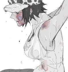 1girl arms_up black_hair blood blood_on_face breast_tattoo breasts bruise bruise_on_face bruise_on_shoulder bruise_on_stomach bruised_eye canon_genderswap commentary_request earrings fur_hat genderswap genderswap_(mtf) hat highres injury jewelry k84612 medium_breasts one_piece prisoner restrained short_hair sitting tank_top tattoo trafalgar_law trafalgar_law_(female) wet wet_clothes