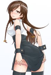 Rule 34 | 10s, 1girl, absurdres, armlet, black thighhighs, blush, braid, breasts, brown eyes, brown hair, from behind, heart, heart-shaped pupils, high-waist skirt, highres, idolmaster, idolmaster cinderella girls, large breasts, long hair, looking at viewer, looking back, nitta minami, open mouth, panties, panty pull, pink panties, pulled by self, shunichi, skirt, smile, solo, symbol-shaped pupils, thighhighs, twin braids, underwear, wrist cuffs
