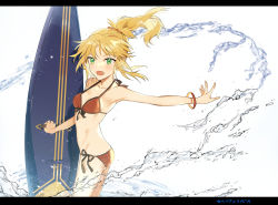 Rule 34 | 1girl, blonde hair, blush, bracelet, fang, fate/grand order, fate (series), green eyes, hair ornament, hair scrunchie, highres, jewelry, letterboxed, looking at viewer, mordred (fate), mordred (fate) (all), mordred (fate/apocrypha), mordred (swimsuit rider) (fate), mordred (swimsuit rider) (first ascension) (fate), ponytail, prydwen (fate), red scrunchie, rizu033, scrunchie, solo, splashing, water, white background