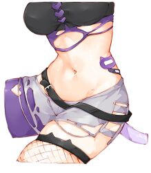 1girl asymmetrical_legwear belt breasts cat_tail covered_erect_nipples fishnet_thighhighs fishnets head_out_of_frame highres hololive large_breasts loose_belt ma_draws midriff mismatched_legwear navel nekomata_okayu nekomata_okayu_(personya_respect) purple_thighhighs shorts tail thighhighs torn_clothes torn_shorts virtual_youtuber white_background