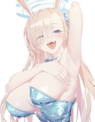 Rule 34 | 1girl, absurdly long hair, absurdres, arm behind head, arm up, armpit focus, armpits, asuna (blue archive), asuna (bunny) (blue archive), bare shoulders, blue archive, blue bow, blue bowtie, blue eyes, blue leotard, blue ribbon, bow, bowtie, breasts, detached collar, hair ribbon, halo, highres, large breasts, leotard, light brown hair, long hair, looking at viewer, open mouth, playboy bunny, presenting armpit, ribbon, seongsu twit, sleeveless, smile, solo, swept bangs, very long hair