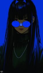 Rule 34 | 1girl, absurdres, black eyes, black hair, black sweater, blue-tinted eyewear, blue background, blue hair, blue pupils, hair intakes, highres, hololive, hololive english, jewelry, long hair, looking at viewer, multicolored hair, necklace, ouro kronii, round eyewear, simple background, solo, steb, sunglasses, sweater, tinted eyewear, turtleneck, turtleneck sweater, two-tone hair, virtual youtuber