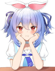 Rule 34 | 1girl, :t, animal ears, blue hair, blue ribbon, blush, choker, commentary request, hair between eyes, hair ribbon, head rest, highres, hololive, looking at viewer, official alternate costume, pout, rabbit-shaped pupils, rabbit ears, red eyes, ribbon, rinkaa (lovelive765pro2), sailor collar, short eyebrows, simple background, solo, symbol-shaped pupils, thick eyebrows, usada pekora, usada pekora (casual), virtual youtuber, white background