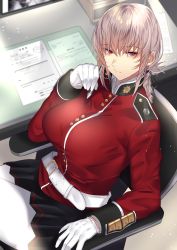 Rule 34 | 1girl, belt, black skirt, braid, breasts, chair, closed mouth, commentary request, desk, fate/grand order, fate (series), florence nightingale (fate), from above, gloves, hair between eyes, highres, holding, holding pen, jacket, large breasts, looking at viewer, miniskirt, office chair, onineko-chan, pantyhose, paper, pen, pink hair, pleated skirt, red eyes, red jacket, sitting, skirt, swivel chair, white belt, white gloves, white pantyhose