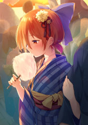 Rule 34 | alternate costume, blush, bow, commentary request, cotton candy, festival, flower, hair bow, hair flower, hair ornament, highres, japanese clothes, kimono, locked arms, nnyara, obi, red eyes, red hair, sash, sekibanki, short ponytail, short sleeves, solo focus, stitches, sunset, touhou, twitter username, yukata
