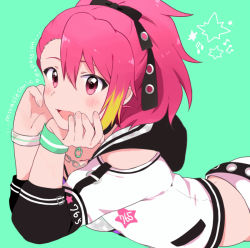 Rule 34 | 1girl, belt, black belt, black bow, blonde hair, blush, bow, bracelet, green background, hair bow, idolmaster, idolmaster million live!, idolmaster million live! theater days, jewelry, looking at viewer, lying, maihama ayumu, midriff, multicolored hair, on stomach, open mouth, pink eyes, pink hair, ponytail, shirt, simple background, smile, solo, streaked hair, tc829 (teco15), upper body, white shirt