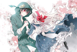 Rule 34 | 1boy, 1girl, apron, belt, black hair, blonde hair, blue dress, bow, cherry blossoms, cierra (ra-bit), couple, dress, eye contact, hair bow, holding hands, hetero, hood, hoodie, kagerou project, kozakura marry, long hair, long sleeves, looking at another, maid apron, overalls, red eyes, seto kousuke, very long hair, vocaloid