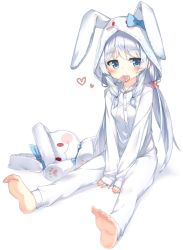 Rule 34 | 1girl, ahoge, animal ears, animal hood, barefoot, between legs, blue bow, blue eyes, blush, bow, breasts, candy, closed mouth, collarbone, darnell, feet, food, full body, hair between eyes, hair ornament, hair scrunchie, hand between legs, heart, highres, hood, hood up, hooded pajamas, lollipop, long hair, long sleeves, looking at viewer, mouth hold, pajamas, pink scrunchie, rabbit ears, rabbit hood, rabbit pajamas, scrunchie, shadow, silver hair, sitting, sleeves past wrists, small breasts, soles, solo, soulworker, stella unibell, stuffed animal, stuffed rabbit, stuffed toy, swirl lollipop, very long hair, white background