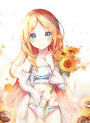 Rule 34 | 1girl, bad id, bad pixiv id, bikini, blonde hair, blue eyes, character request, elf, flower, ggumbam, gluteal fold, highres, long hair, off shoulder, open clothes, open shirt, pointy ears, shirt, solo, sunflower, swimsuit, talesshop, white bikini, white shirt