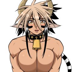 Rule 34 | 1girl, animal ears, black hair, blush, breasts, brown eyes, brown hair, cathyl, cleavage, colorized, cow ears, cow girl, cow horns, cow tail, female focus, horns, large breasts, looking at viewer, minotaur, monster girl, monster musume no iru nichijou, muscular, pointy ears, short hair, simple background, solo, sweatdrop, tail, upper body, white background