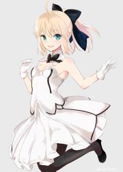 Rule 34 | 1girl, :d, ahoge, armpits, artoria pendragon (all), artoria pendragon (fate), bare shoulders, black bow, black bowtie, black footwear, black pantyhose, blonde hair, blush, bow, bowtie, breasts, commentary request, detached collar, dress, fate/grand order, fate (series), gloves, green eyes, grey background, hair between eyes, hands up, ica, looking at viewer, open mouth, pantyhose, saber lily, simple background, small breasts, smile, solo, standing, standing on one leg, white dress, white gloves