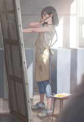 Rule 34 | 1girl, absurdres, apron, black hair, blouse, blurry, blush, canvas (object), capri pants, commentary request, denim, depth of field, from side, hand to own mouth, highres, holding, holding paintbrush, indoors, jeans, medium hair, no socks, original, paintbrush, painting (action), palette (object), pants, shirt, shoes, short sleeves, sneakers, solo, standing, stool, sunlight, t-shirt, tearing up, tears, utaka (anyoanyot), white shirt