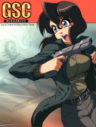 Rule 34 | 1990s (style), 1girl, blue eyes, bob cut, breasts, brown hair, coat, gun, gunsmith cats, handgun, highres, holster, large breasts, nail polish, omar dogan, open clothes, open coat, open mouth, pink nails, pistol, rally vincent, ribbed sweater, short hair, shoulder holster, solo, sweater, unzipped, weapon, zoom layer