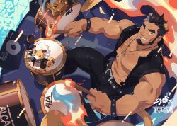 Rule 34 | 1boy, abs, absurdres, alca (wakatanka4), alternate costume, animal ears, bara, bare pectorals, bare shoulders, beard, black hair, black jacket, black pants, bulge, chest hair, commission, dark-skinned male, dark skin, drum, drumming, drumsticks, extra ears, facial hair, from above, gyee, highres, instrument, jacket, jewelry, large pectorals, leather, leather jacket, lion boy, lion ears, lion tail, looking at viewer, male focus, mature male, muscular, muscular male, navel, necklace, open clothes, open jacket, original, pants, pectorals, short hair, sleeveless, sleeveless jacket, smirk, solo, stomach, tail, thick eyebrows, tight clothes, tight pants, undercut, zixiong zix