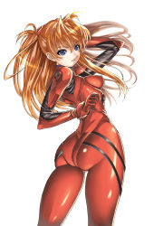 Rule 34 | 1girl, arm behind head, ass, blue eyes, bodysuit, bracer, breasts, clenched hand, covered erect nipples, cowboy shot, curvy, floating hair, from behind, gloves, hair between eyes, hair ornament, huge ass, long hair, looking at viewer, looking back, medium breasts, neon genesis evangelion, orange hair, parted lips, pilot suit, plugsuit, saburou (hgmg), shiny clothes, shiny skin, simple background, skin tight, solo, souryuu asuka langley, turtleneck, twintails, twisted torso, two side up, white background