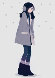 Rule 34 | 1girl, artist name, black footwear, black hair, blush stickers, boots, closed mouth, coat, commentary request, dots, earmuffs, full body, fur-trimmed coat, fur trim, grey background, hands in pockets, highres, light frown, long hair, long sleeves, looking at viewer, maco22, mole, mole under eye, original, pantyhose, signature, simple background, socks, solo, standing, winter clothes