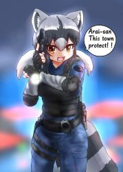 Rule 34 | 1girl, akaisuto, alternate costume, alternate hairstyle, animal ears, black hair, blue pants, blue shirt, blush, collared shirt, commentary request, common raccoon (kemono friends), cowboy shot, english text, engrish text, fang, grey hair, gun, handgun, highres, kemono friends, multicolored hair, open mouth, orange eyes, pants, police, police uniform, raccoon ears, raccoon girl, raccoon tail, ranguage, resident evil, resident evil 2, shirt, short twintails, solo, tail, twintails, uniform, weapon