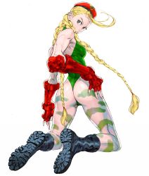 Rule 34 | 1990s (style), 1girl, ahoge, ass, beret, blonde hair, blue eyes, bodypaint, boots, braid, breasts, cammy white, camouflage, capcom, combat boots, fingerless gloves, from behind, full body, gauntlets, gloves, hat, highleg, highleg leotard, huge ahoge, kneeling, leotard, looking back, muscular, nishimura kinu, official art, puckered lips, retro artstyle, scar, small breasts, solo, street fighter, street fighter ii (series), street fighter iv (series), thong leotard, toned, twin braids