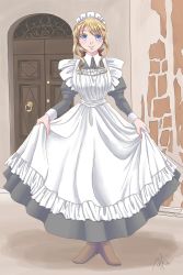 Rule 34 | 1girl, apron, apron dress, aska-k, blue eyes, dress, headdress, highres, long dress, maid, maid apron, original, pinafore dress, sleeveless dress, victorian, victorian maid