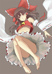 Rule 34 | 1girl, bad id, bad pixiv id, barefoot, bow, brown hair, convenient leg, daiji pt, detached sleeves, expressionless, feet, female focus, flat chest, from below, grey background, hair bow, hair tubes, hakurei reimu, japanese clothes, legs, long hair, midriff, miko, no panties, red eyes, skirt, solo, toes, touhou, upshirt, upskirt