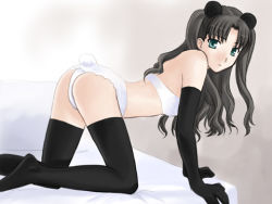 Rule 34 | 1girl, all fours, animal ears, ass, black thighhighs, boribeya, elbow gloves, fate/stay night, fate (series), gloves, lowres, panda ears, panda tail, panties, solo, tail, thighhighs, tohsaka rin, two side up, underwear