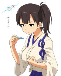Rule 34 | 10s, 1girl, breasts, brown eyes, brown hair, clenched hand, fist pump, japanese clothes, kaga (kancolle), kantai collection, kozou (rifa), large breasts, open mouth, personification, ponytail, pregnancy test, pregnant, side ponytail, simple background, solo, translated, white background