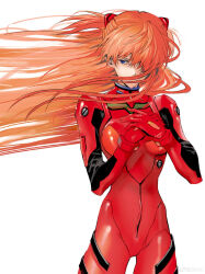 Rule 34 | 1girl, blue eyes, bodysuit, breasts, brown hair, cowboy shot, expressionless, floating hair, hair between eyes, hand on own chest, hands on own hips, highres, long hair, looking to the side, medium breasts, narrow waist, neon genesis evangelion, plugsuit, red bodysuit, satou koromi, shiny clothes, simple background, solo, souryuu asuka langley, turtleneck, two side up