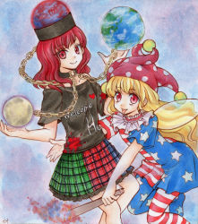 Rule 34 | 2girls, :p, absurdres, american flag dress, american flag legwear, ball and chain (weapon), blonde hair, clothes writing, clownpiece, dress, earth (ornament), frilled skirt, frills, hat, hecatia lapislazuli, highres, io (maryann blue), io (pixiv21347802), jester cap, long hair, miniskirt, moon (ornament), multicolored clothes, multicolored skirt, multiple girls, neck ruff, off-shoulder shirt, off shoulder, pantyhose, red eyes, red hair, shirt, short dress, short hair, skirt, smile, t-shirt, tongue, tongue out, torch, touhou, traditional media