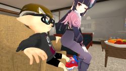Rule 34 | 1boy, 1girl, 3d, aqua eyes, artist request, ass, bike shorts, boots, brown hair, capelet, couch, crossover, genshin impact, glasses, grin, headdress, inkling, inkling boy, inkling player character, lapdance, long hair, looking back, looking down, naughty face, nintendo, one eye closed, pantyhose, purple hair, red eyes, short hair, sitting, smile, splatoon (series), very long hair, wink, yun jin (genshin impact)