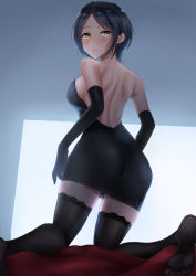 Rule 34 | 1girl, ass, back, bare back, bare shoulders, barefoot, bed, bedroom, black dress, black gloves, black thighhighs, blue hair, blush, breasts, closed mouth, dress, earrings, elbow gloves, gloves, hayami kanade, highres, idolmaster, idolmaster cinderella girls, jewelry, legs, looking at viewer, medium breasts, on bed, room, shogun (a96040021), short hair, simple background, sitting, solo, thighhighs, thighs, yellow eyes