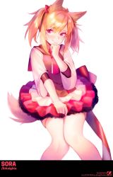 Rule 34 | 1girl, ahoge, animal ears, arknights, artist name, blonde hair, bow, breasts, character name, copyright name, cowboy shot, dated, english text, eyelashes, fox ears, fox tail, frilled skirt, frills, hair bow, hand to own mouth, highres, knees together feet apart, lace, lace-trimmed skirt, lace trim, large bow, licking lips, looking at viewer, medium hair, pink eyes, pink skirt, shirt, simple background, skirt, small breasts, smile, solo, songchuan li, sora (arknights), tail, thighs, tongue, tongue out, twintails, white background, white shirt, wide sleeves, wolf ears, wolf tail
